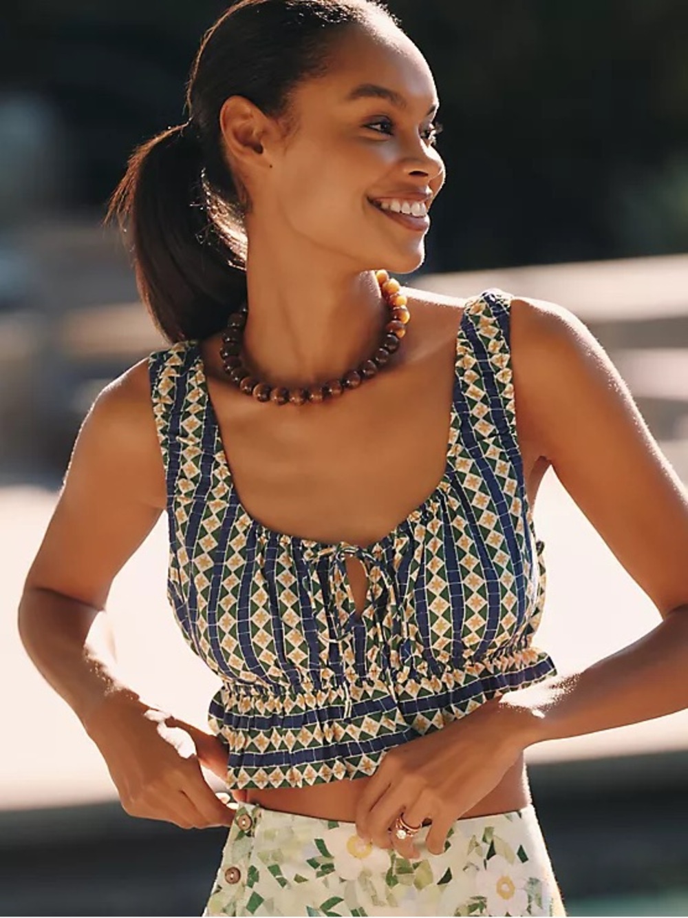 Anthropologie Celandine Linen Blend Ruffled Crop Top Blue Print L NWT